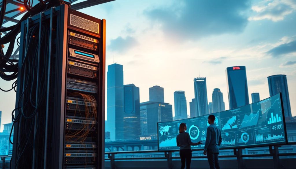 Strategic Data Initiatives, A Dynamic Digital Transformation Represented By A Sleek, Holistic Data Pipeline. In The Foreground, A Towering Data Server Stands As The Centerpiece, Its Intricate Hardware And Cascading Cables Symbolizing The Power Of Interconnected Data Systems. The Middle Ground Showcases A Team Of Data Analysts, Their Expressions Focused As They Interpret And Refine The Data Visuals Projected On Curved Displays. In The Background, A Skyline Of Modern Skyscrapers Reflects The Cutting-Edge Technology And Innovation That Drive This Data-Driven Initiative. Subtle Lighting Casts A Warm, Authoritative Glow, Evoking A Sense Of Progress And Efficiency. The Overall Scene Exudes A Harmonious Blend Of Technology, Human Expertise, And Strategic Vision, Capturing The Essence Of Transformative Data Initiatives.